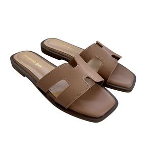 Tan Slip-On Sandals with Cut-Out Design – Square Toe